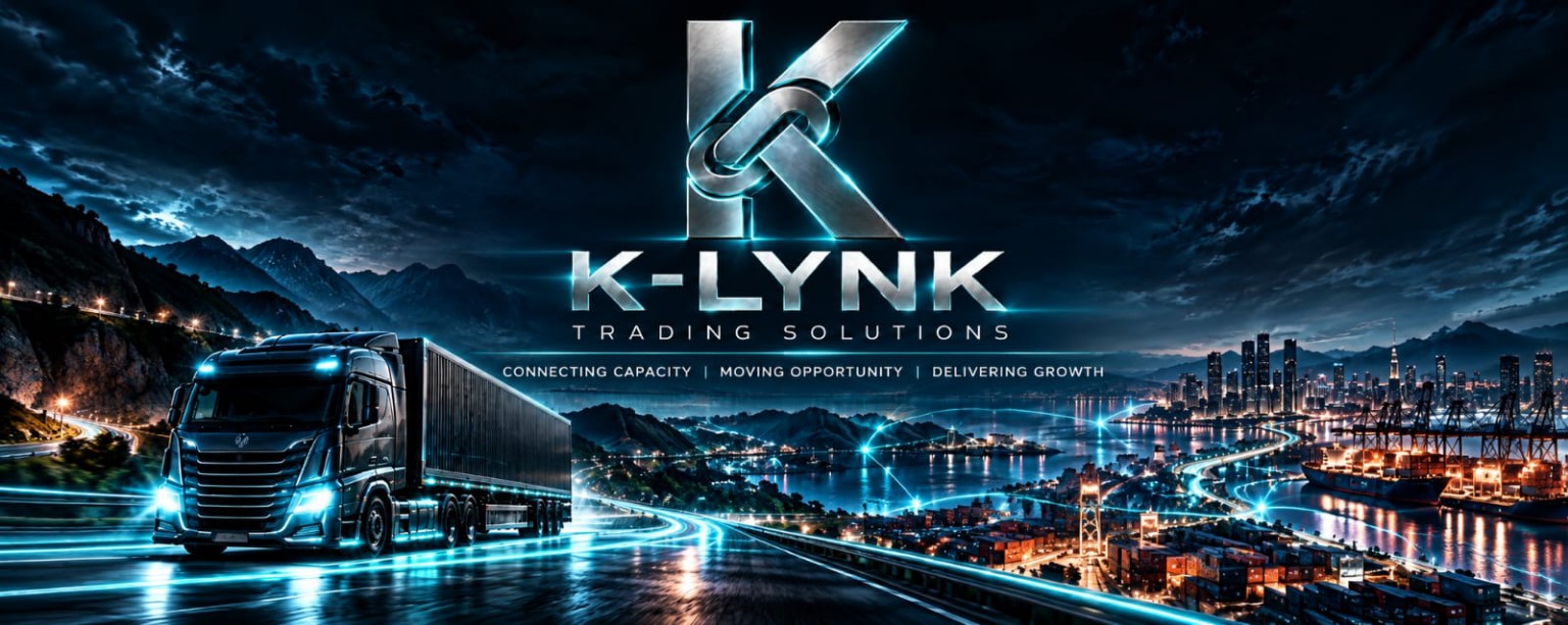 K-LYNK cinematic logistics banner showing a truck, connected routes and a port at night