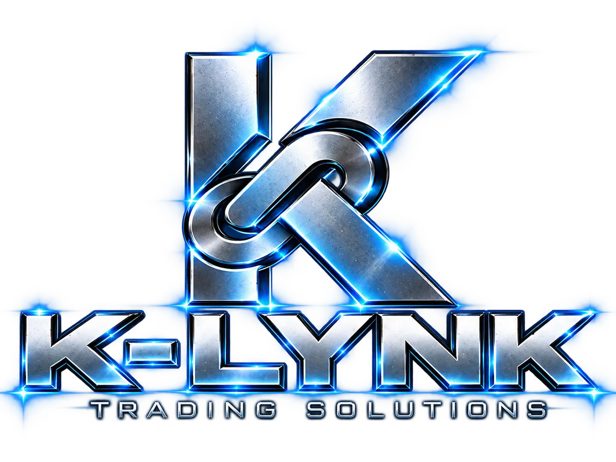 K-LYNK Trading Solutions frameless metallic silver interlinked K logo with electric-blue illumination